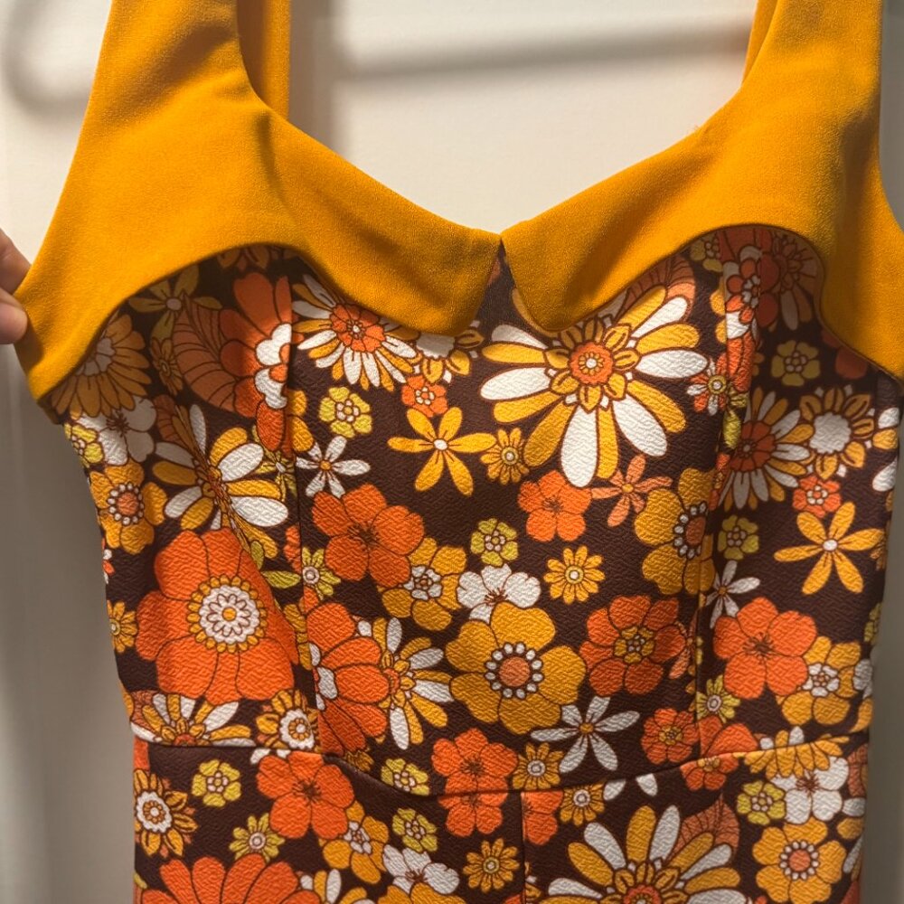 Retro 70s Floral Wide Leg Jumpsuit Orange Brown Boho Daisy Small - Picture 4 of 10